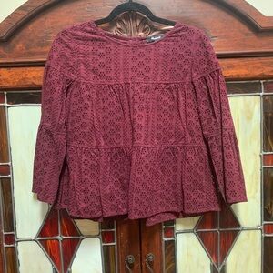 Madewell Red Tiered 3/4 Sleeve Boxy Blouse